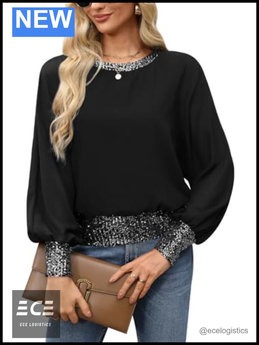 Sequin Formal Wedding Top Cocktail Party Blouse Dressy Chiffon Long Sleeve